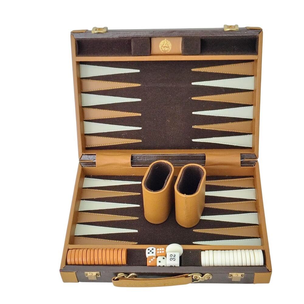 Vintage Aries Backgammon Travel Game Set 15 Brown 16 Cream Pieces COMPLETE